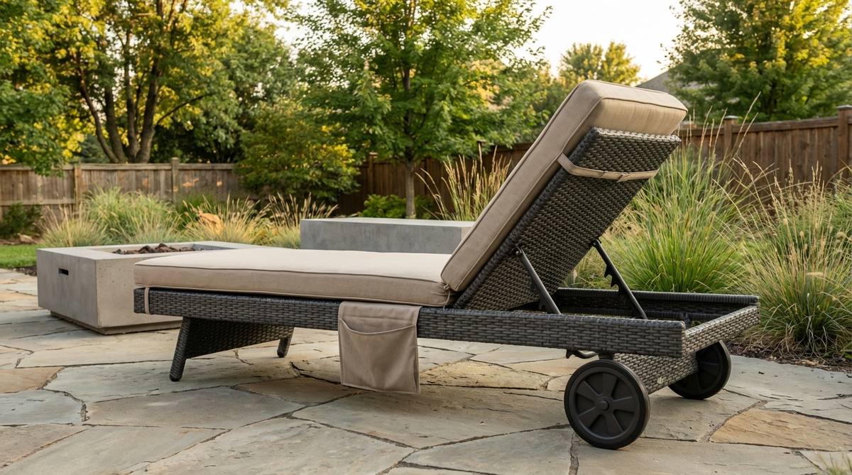 Modern garden furniture featuring an adjustable chaise with a multi-position backrest, offering five angles for activities like sunbathing and reading. It includes thick full-length cushioning, wheels for easy repositioning, a side pocket for storage, and durable synthetic wicker with hidden zipper cushion covers for cleaning.