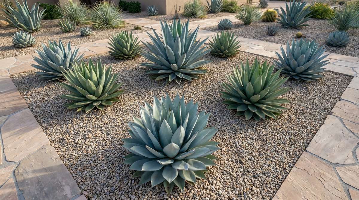 Large architectural agave specimens with blue, gray, and green rosettes planted in a desert gravel garden, demonstrating proper planting technique with gravel mulch layer and careful placement away from walkways.