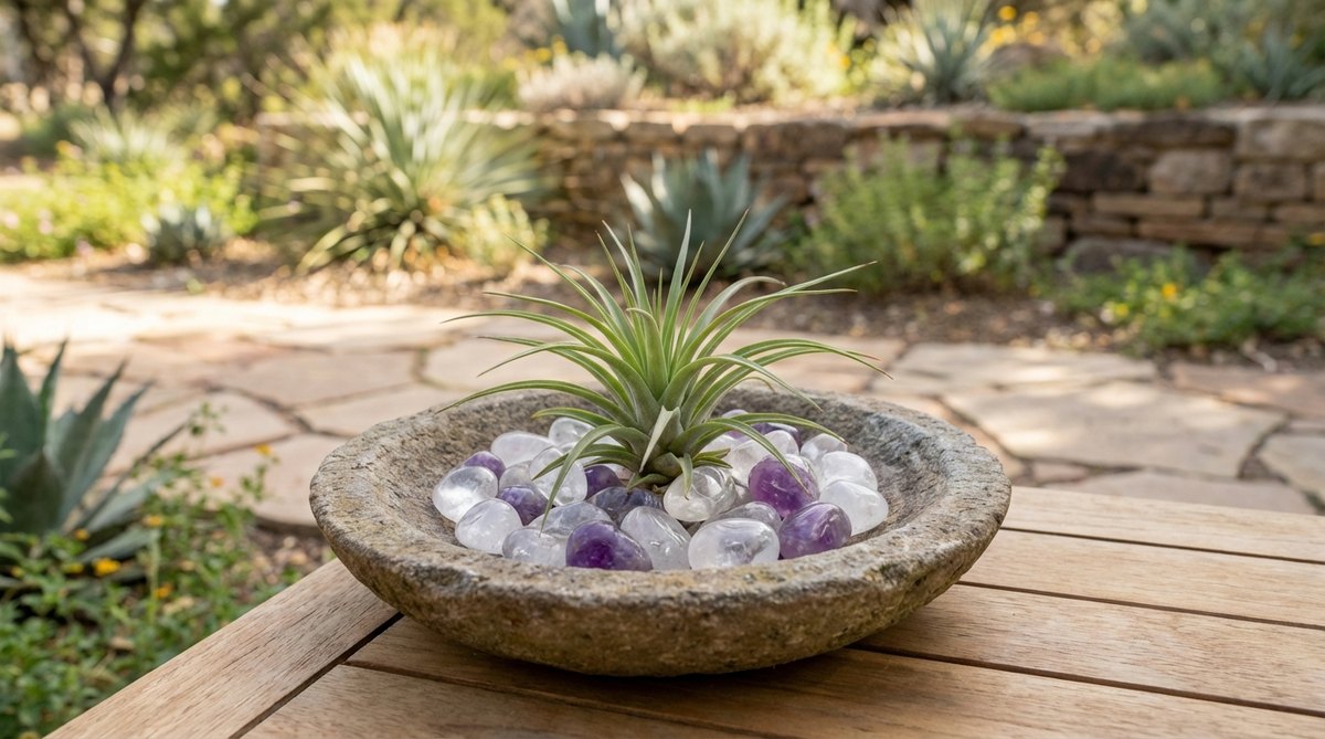 A miniature zen garden featuring a Tillandsia air plant resting on polished clear quartz and amethyst crystals. The soil-free air plant draws moisture from humidity while the crystals serve as both plant holders and meditation focal points for crystal energy work.