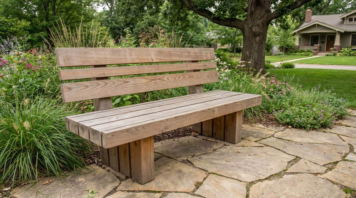 A modern garden bench design featuring alternating 2x4 and 2x6 planks arranged in a wide-narrow-wide pattern for visual interest. The composition shows mixed lumber stock used efficiently with consistent wood species and alternating growth ring orientation to prevent warping.