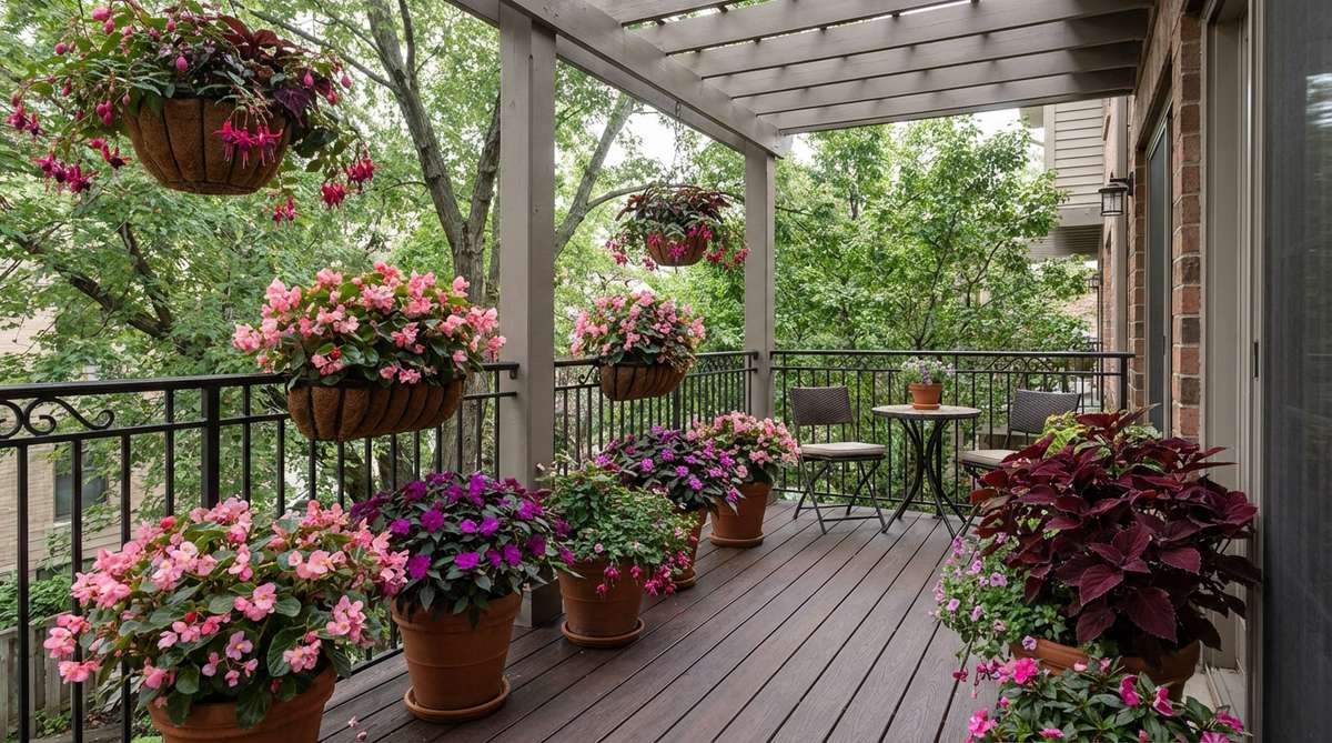 A cohesive balcony decor arrangement featuring harmonious analogous colors in pink, purple, and red, with plants like begonias, impatiens, fuchsia, and burgundy coleus foliage, ideal for shaded areas and creating a romantic, flowing color transition.