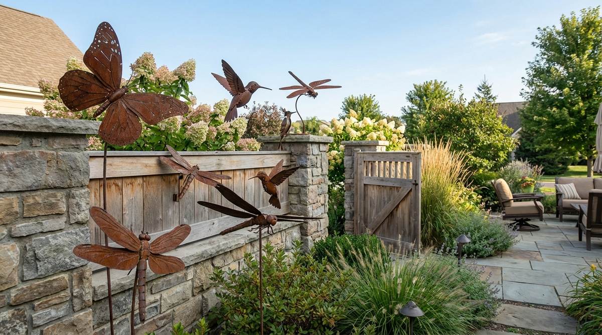 A collection of metal sculptures depicting butterflies, dragonflies, hummingbirds, and other garden fauna, designed for garden wall decor with articulated wings or bodies that sway in the breeze, ideal for creating whimsical and dynamic outdoor displays.