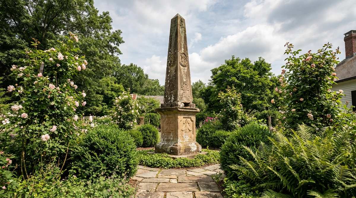 A weathered antique stone obelisk salvaged from a historic estate, featuring authentic aging patterns, surface wear, and period carving techniques. Shown as a focal point in a garden setting with heritage plant varieties, emphasizing its historical significance and provenance from 18th or 19th century architectural salvage.