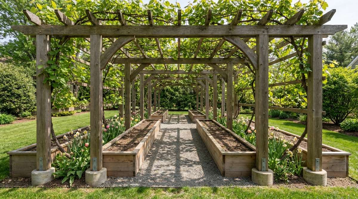 A contemporary garden design featuring raised beds flanking a 4-foot-wide path, topped by connected overhead arbors. Grape vines, kiwi, or climbing roses are trained across the structure to create shaded garden tunnels. The design includes posts set in concrete footings outside bed perimeters, cross beams spanning 8 to 10 feet, and lateral wires spaced 12 inches apart for vine attachment. Underplanted with spring bulbs that finish before summer shade intensifies, this dual-purpose design produces crops at ground and overhead levels while defining circulation through the garden.
