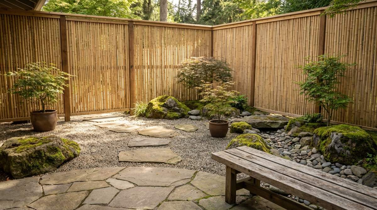 A natural bamboo fence enclosure providing privacy and acoustic separation in a zen garden design, with vertical slats allowing filtered light and complementing gravel and stone elements.