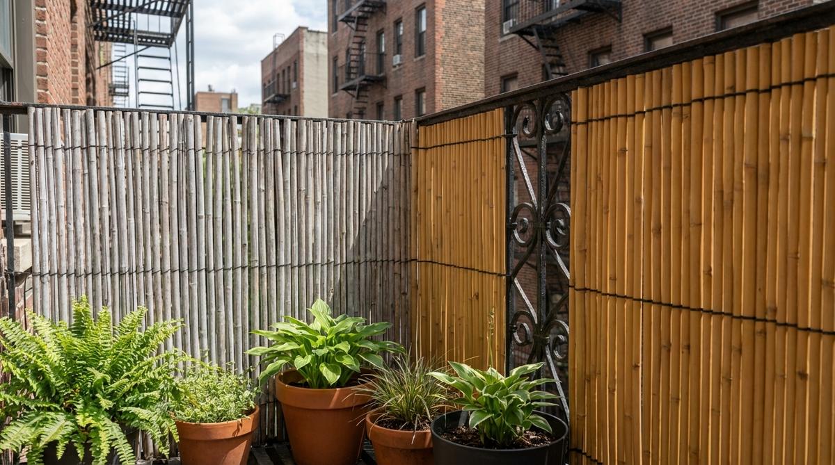 Natural bamboo reed fencing panels attached to a balcony railing, providing tropical privacy while allowing wind passage. Shows weathered silver-gray bamboo and UV-resistant polyethylene versions, illustrating a cost-effective solution for NYC balcony gardens.