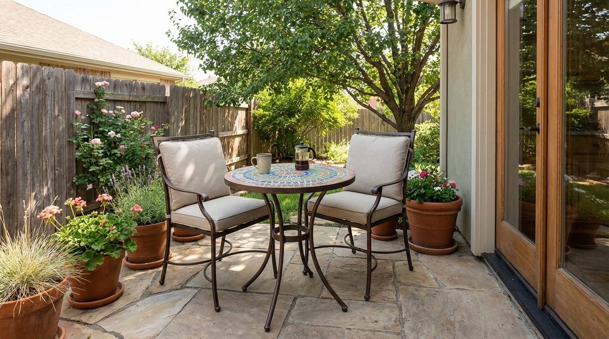A compact two-seater bistro table and chair set designed for small patios and balconies, featuring a mosaic tile top for added color and texture, paired with cushioned metal chairs in contrasting finishes. Ideal for creating intimate conversation spots near kitchen doors for morning coffee rituals.