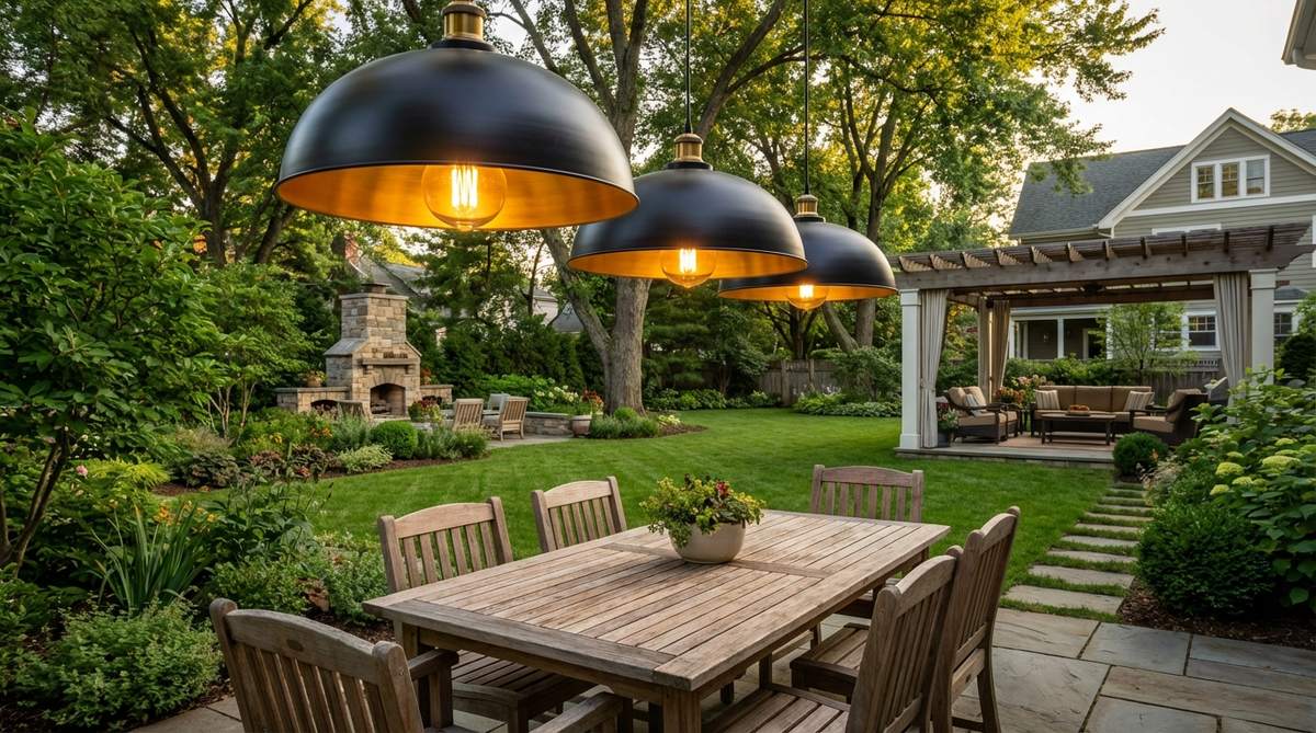 A matte black dome or drum pendant light fixture with polished brass or gold interior, creating dramatic contrast when lit. This boho decor piece features warm metallic glow reflecting against dark exterior, ideal for dining tables, kitchen islands, or bedroom corners. Works well in multiples with Edison bulbs for vintage character.