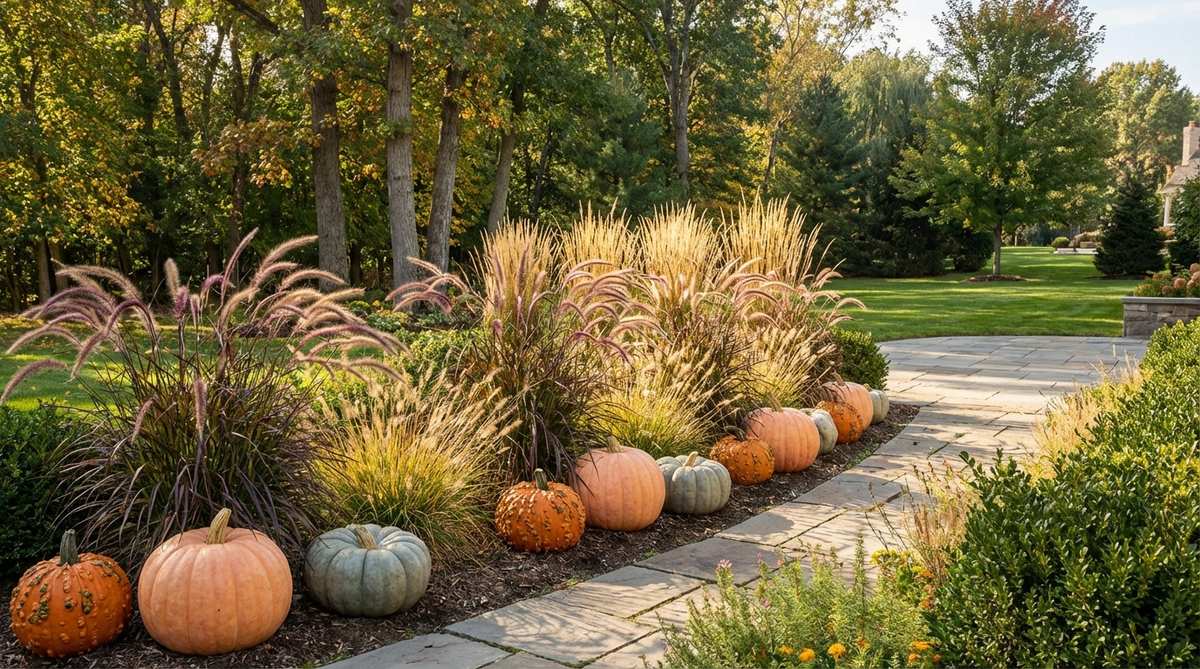 A garden border edge featuring pumpkins like Cinderella, Jarrahdale, and warty goblins positioned at regular intervals, paired with ornamental grasses such as purple fountain grass, creating rhythm and visual punctuation in outdoor fall decor.