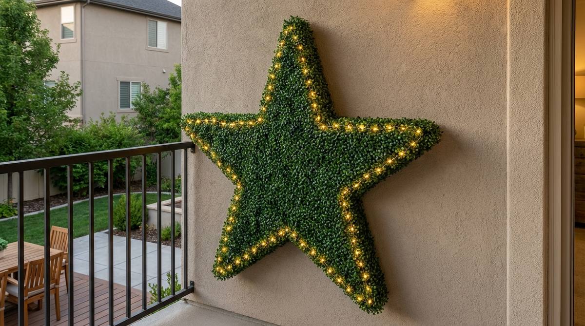 A flat-backed artificial boxwood topiary in a classic Christmas shape like a star, tree, or snowflake mounted on an exterior balcony wall. The topiary is wrapped with small-gauge lights along its edges to define the shape after dark, creating festive holiday decor that requires no watering.