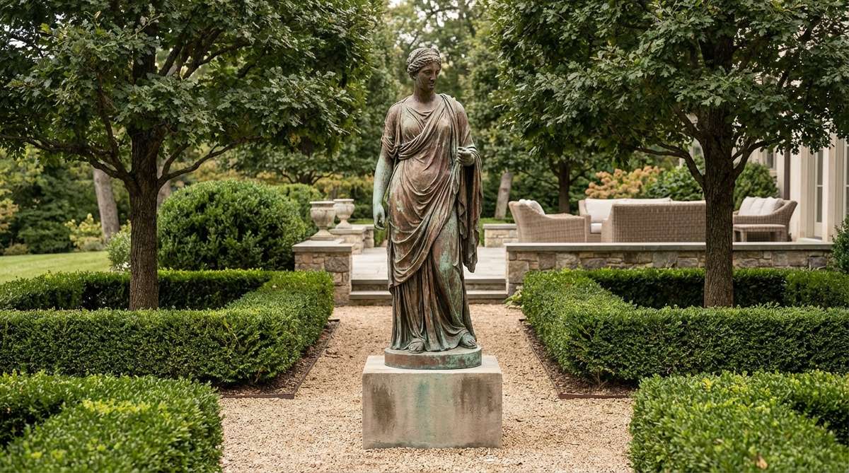 A cast bronze statue depicting a figurative subject, such as a person, animal, or mythological character, placed in a garden decor setting. The statue develops a natural patina over time, ranging from brown to green, and is positioned on a concrete base to prevent settling and protect from soil contact. Ideal for formal gardens or estate landscapes, it adds narrative elements and permanence to outdoor spaces.