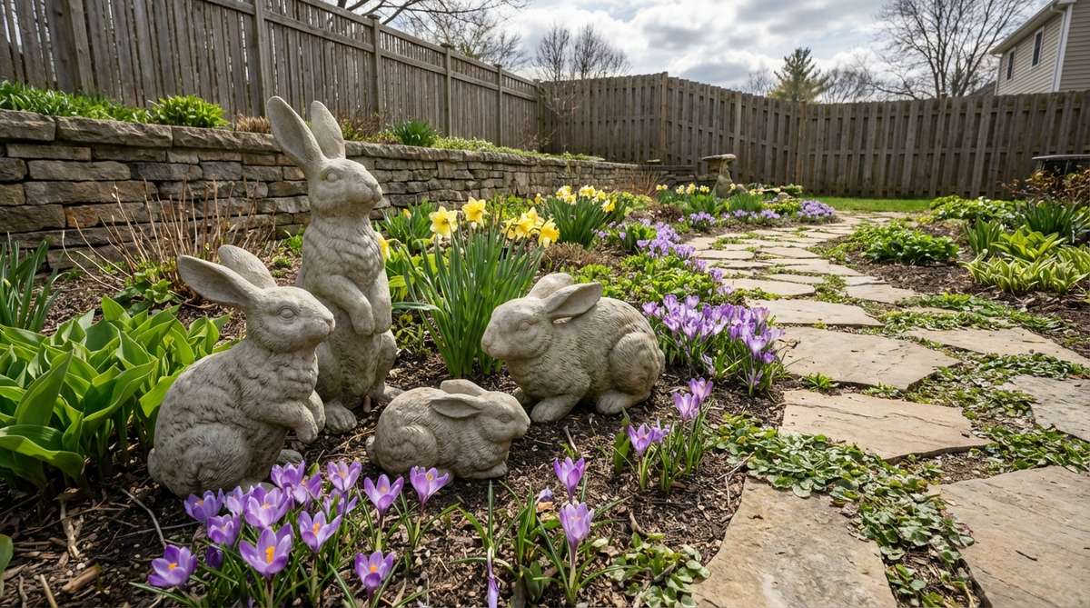 A family grouping of concrete or resin bunny statues in various sizes and poses, nestled among flower beds and garden paths with emerging perennials. The weather-resistant bunny figures create natural interactions in outdoor Easter decor settings.