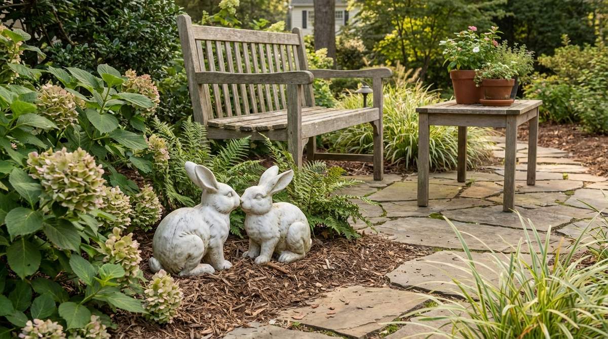 Two rabbits touching noses in a white marble-look finish, symbolizing affection and partnership. Ideal as anniversary or wedding gifts for garden enthusiasts, these compact figures enhance intimate garden spaces when placed near seating areas, side tables, or in container arrangements.