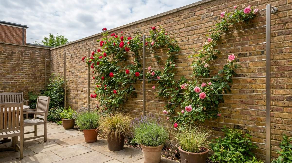 A minimalist stainless steel cable trellis system installed on a courtyard wall, supporting climbing roses with nearly invisible horizontal wires spaced twelve inches apart. The focus remains on the natural plant form rather than structural elements, ideal for small garden spaces.