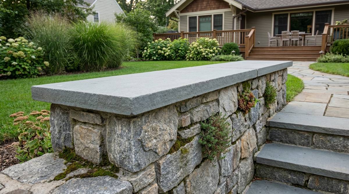 A stone garden wall with a horizontal bluestone cap, showcasing a refined detail that provides functional seating and protects mortar joints from water. The bluestone overhangs slightly for a drip edge effect, transforming an ordinary retaining wall into an interactive landscape feature that defines outdoor spaces.