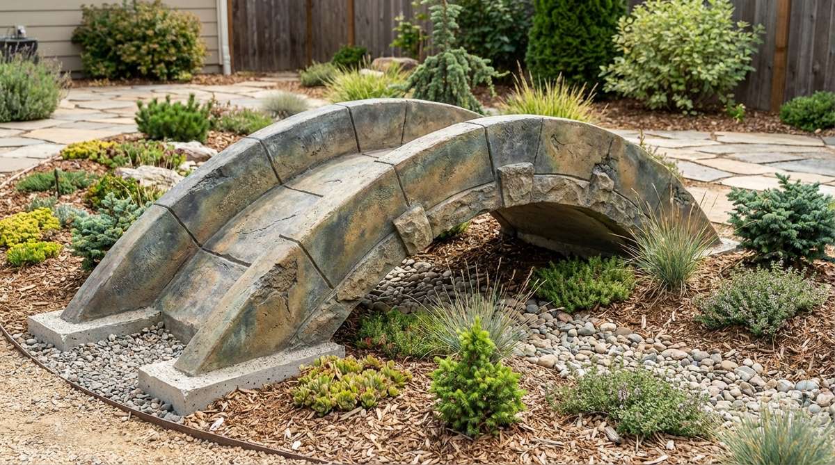 A durable cast concrete arch bridge for miniature gardens, featuring pre-cast elements with natural stone-like textures and integral colors. Designed to withstand high traffic and freeze-thaw cycles, this bridge includes surface treatments for variegated appearances and requires reinforced footings due to its substantial weight.