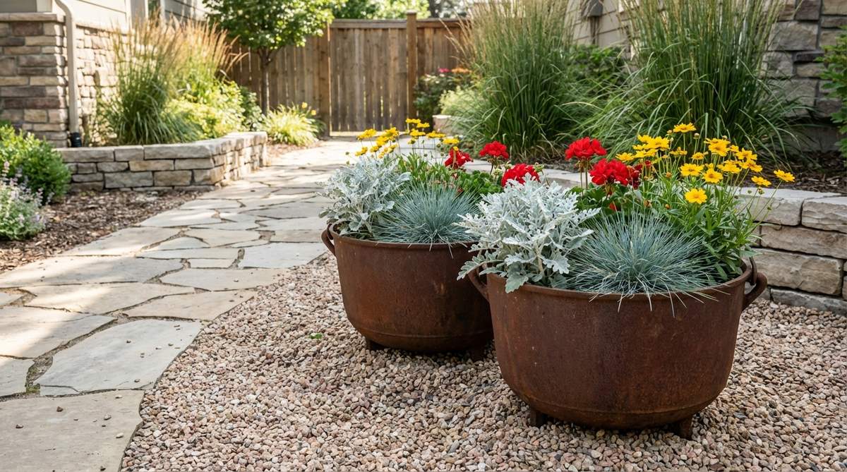 A vintage cast iron cauldron and kettle with rust patina, used as garden containers for plants with silver foliage and bright flowers, positioned in a gravel garden or beside a stone pathway.