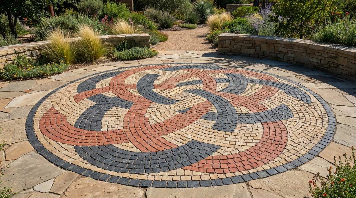 A detailed stone garden mosaic featuring a Celtic knot weave pattern, showcasing continuous interwoven bands in three contrasting colors to create an intricate, dimensional braiding effect. This design symbolizes eternal connection and is ideal as an accent or standalone feature in garden spaces.