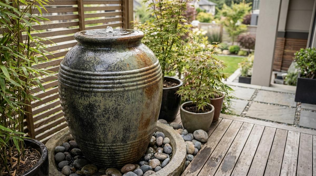 A large ceramic urn bubbler fountain with water gently bubbling at the rim and sheeting down the curved exterior. The earth-toned glaze in charcoal, celadon, or rust complements stone and wood elements in a Japanese balcony garden setting.