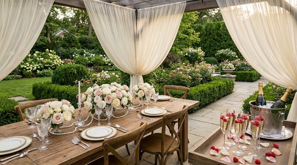 A luxurious mini garden party setup featuring monochromatic rose arrangements in white, blush, and cream tones, crystal glassware, gold-rimmed plates, and a champagne toast station with fresh raspberry and rose petal garnishes. Pearls are strung through rose bouquets, and sheer ivory fabric is draped from overhead structures for romantic softness. This elegant theme is perfect for anniversaries, bridal showers, or milestone birthdays, offering intimate celebration with classic, photogenic elegance.