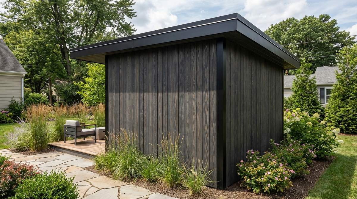 A contemporary garden shed featuring charcoal-stained vertical tongue-and-groove cladding that shows wood grain texture clearly. The vertical orientation makes the 8-foot ceiling appear taller, with black aluminum fascia and trim creating cohesive color blocking. This charcoal color prevents heat absorption issues compared to pure black surfaces.