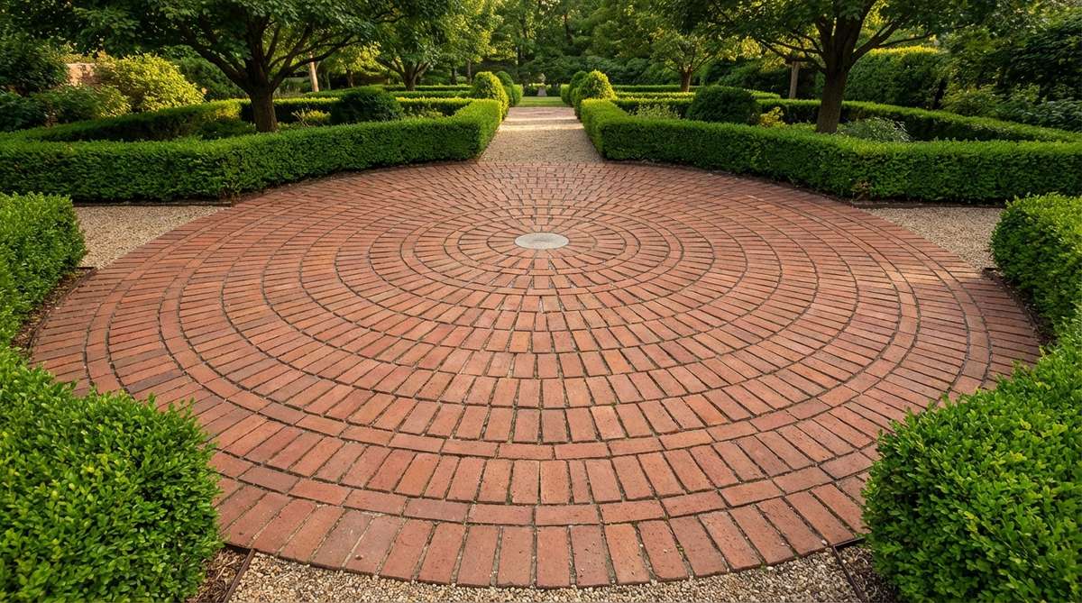 A detailed illustration of a circular radial brick pattern in garden design, showing concentric rings radiating from a central point. The image demonstrates how bricks are arranged to create patio medallions or tree surrounds, with wedge-shaped cuts to maintain consistent joint spacing. This pattern is ideal for formal garden rooms, water features, and sculpture bases where symmetry enhances the design.