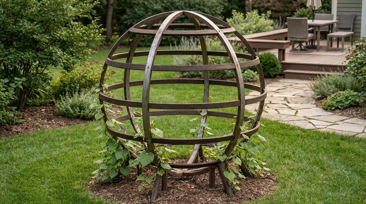 A modern circular ring trellis made of concentric metal rings or wooden hoops, creating a spherical structure for vining plants like morning glories or moon flowers, serving as standalone garden art with sturdy ground anchors.