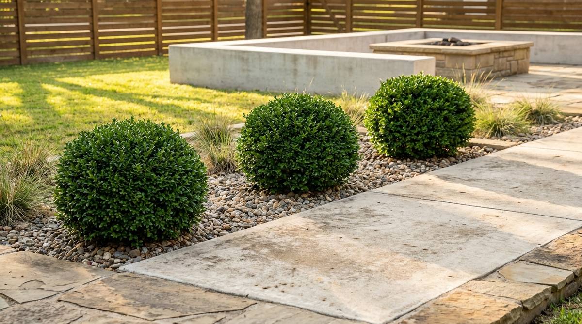 A photo showing Ilex crenata cultivars shaped into perfect spheres, with glossy dark foliage providing textural contrast against concrete and stone, arranged linearly along a pathway or clustered in odd numbers within a planting bed, reflecting the mid-century modern fascination with geometric forms.