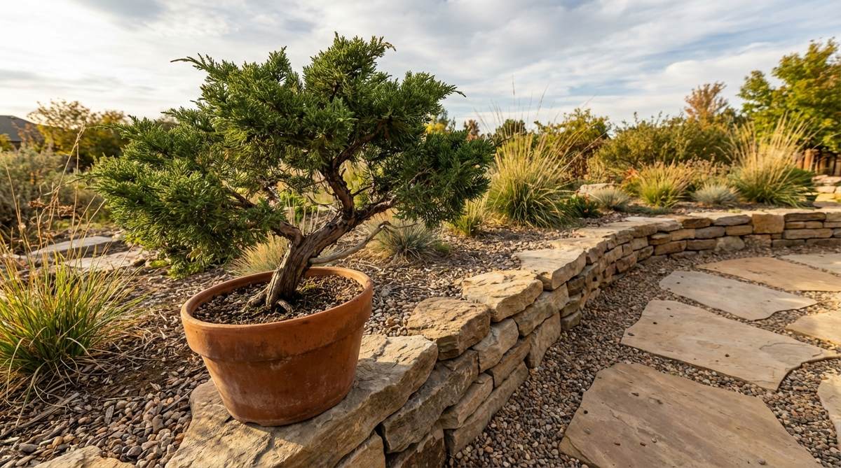 A naturalistic Common Juniper bonsai (Juniperus communis) with informal needle foliage, showcasing dwarf cultivar characteristics suitable for Japanese garden styling. The plant demonstrates tolerance to poor soil conditions while maintaining scaled proportions through minimal pruning.