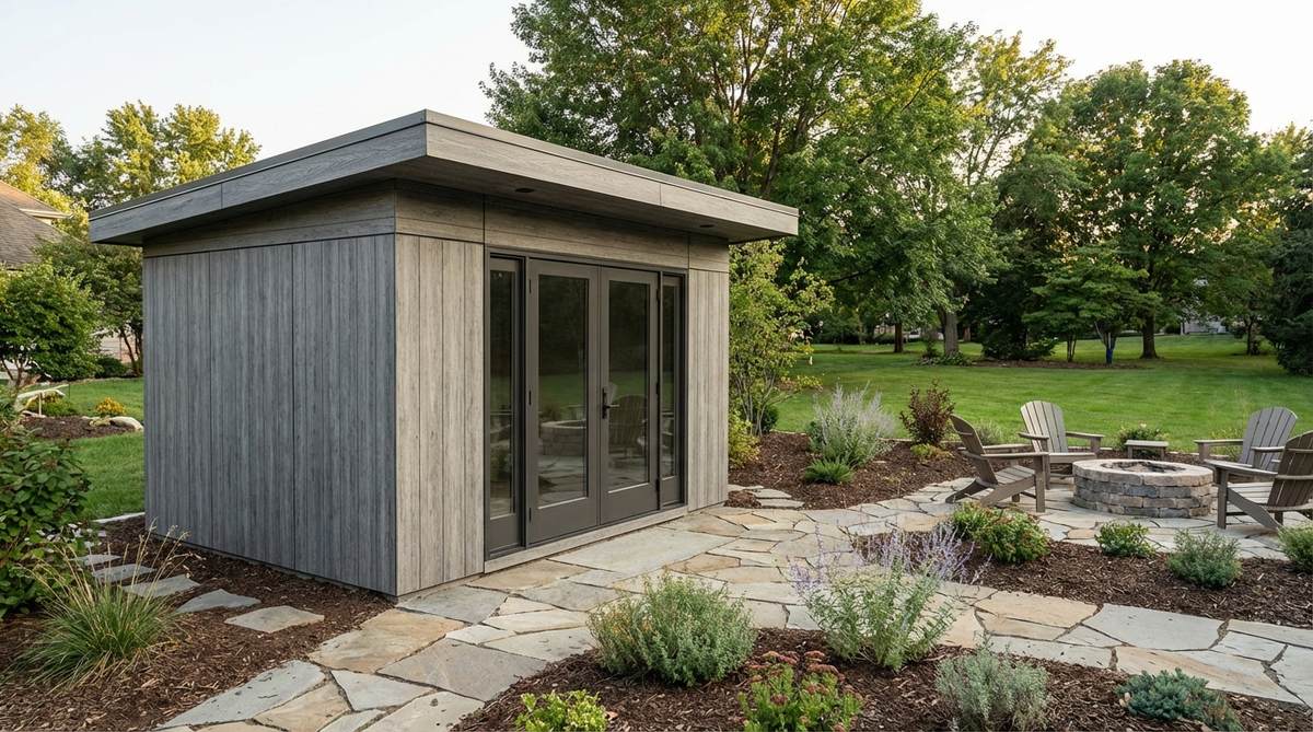 A modern garden shed constructed from engineered composite panels made from recycled plastics and wood fiber, featuring realistic wood grain textures and concealed fastening systems for clean, modern lines. The maintenance-free material resists rot, insects, and weathering without requiring annual painting or staining, maintaining its color and structural integrity for decades.