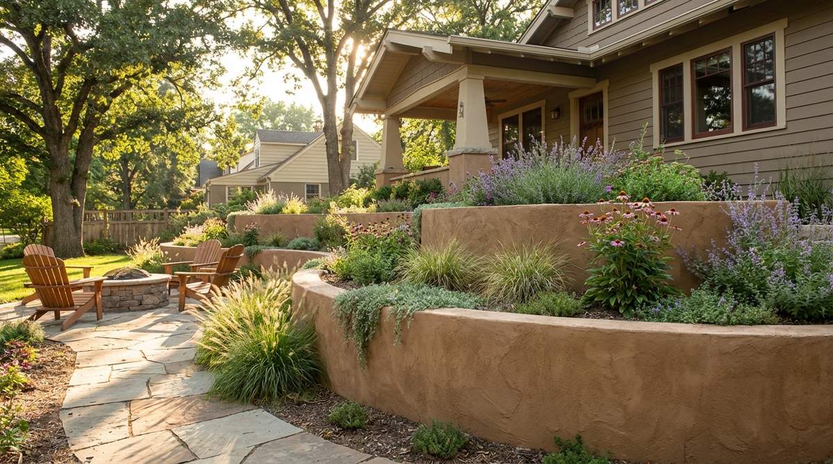 A small garden retaining wall constructed from standard concrete blocks with a decorative stucco finish. The stucco coating is pigmented to create a colored architectural element, applied in multiple layers over the structural block core. The surface shows either a smooth troweled finish or textured patterns that complement home architecture, demonstrating how this affordable method combines structural functionality with customizable aesthetics for long-lasting garden walls.