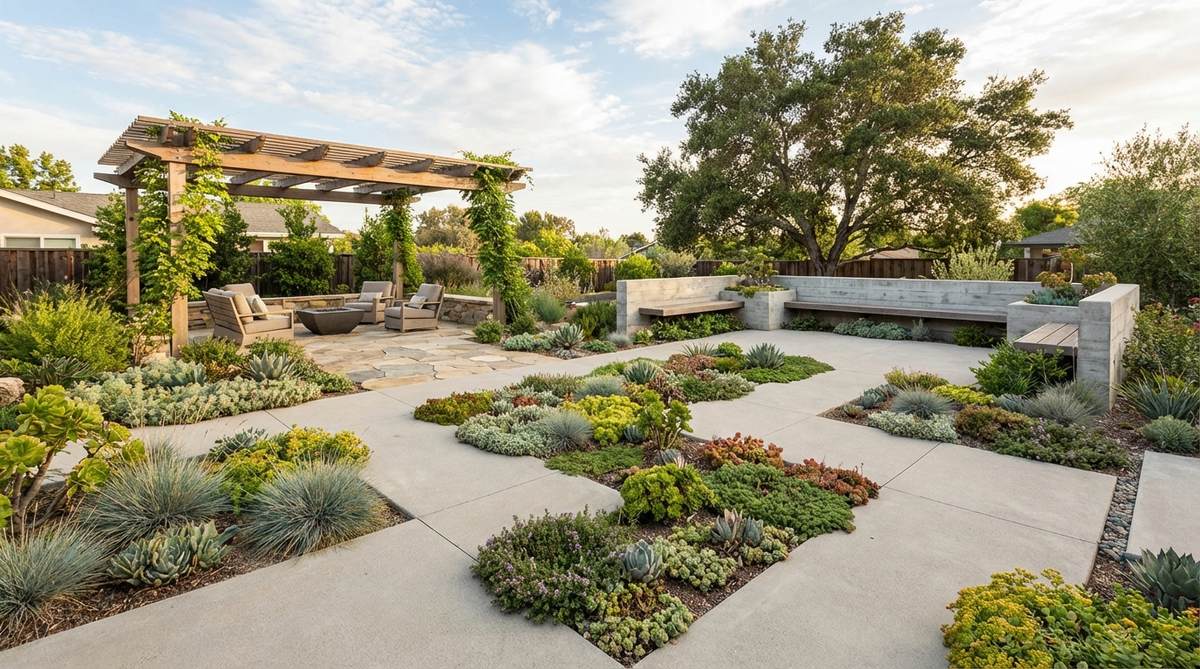 A modern garden design featuring poured concrete pathways with inlaid planting pockets filled with low-growing, drought-tolerant plants. The greenery emerges through the hardscape, blending organic textures seamlessly to reduce heat absorption and add visual interest.