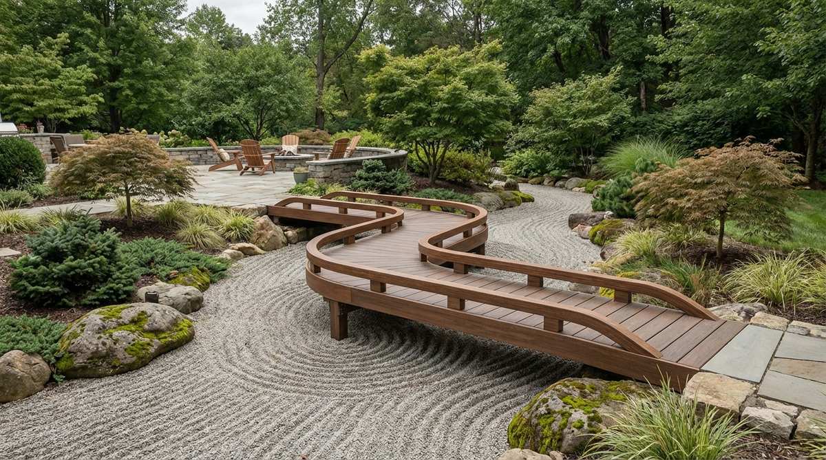 A zen garden bridge with a continuous curved zigzag design crossing a dry streambed in a karesansui gravel garden. The bridge features smooth S-curve segments made from flexible composite materials or steam-bent wood, creating a flowing path that softens angular geometry while maintaining directional changes. Positioned where gravel swirls suggest water current, it enhances the dry stream illusion in traditional Japanese garden design.