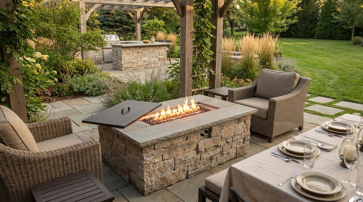 A rectangular convertible fire table with removable lid that transforms from a fire pit to a dining surface, allowing year-round patio use with adjustable flame height and electronic ignition features.