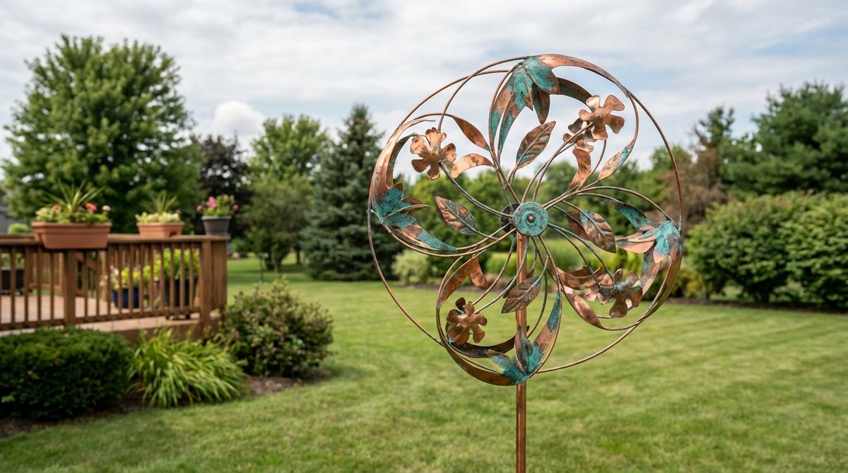 A kinetic copper wind spinner with ball-bearing pivots, rotating in minimal breeze to create movement and light reflection. Features abstract geometric or representational designs like leaves and flowers, suitable for open lawn areas or deck railings, with copper oxidizing from bright penny to verdigris over time.