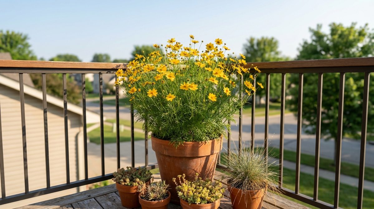 Threadleaf coreopsis with golden daisy flowers blooming above fine-textured foliage in a balcony container garden. Compact variety under 18 inches tall, thriving in full sun with well-draining soil. Ideal for south-facing balconies due to heat and drought tolerance, attracting butterflies while resisting pests.