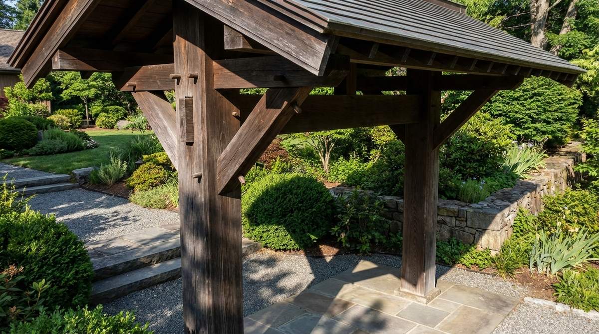 A detailed view of a traditional Japanese udegi-mon style gate featuring angled timber brackets extending from corner posts to support roof eaves. The brackets are crafted with 45-degree angled cuts and secured through mortise-and-tenon joints with draw-bore pegs, projecting 12-18 inches beyond the posts to create pronounced eave depth. This structural detail adds formal expression, provides weather protection, and casts dramatic shadows that animate the garden entrance.