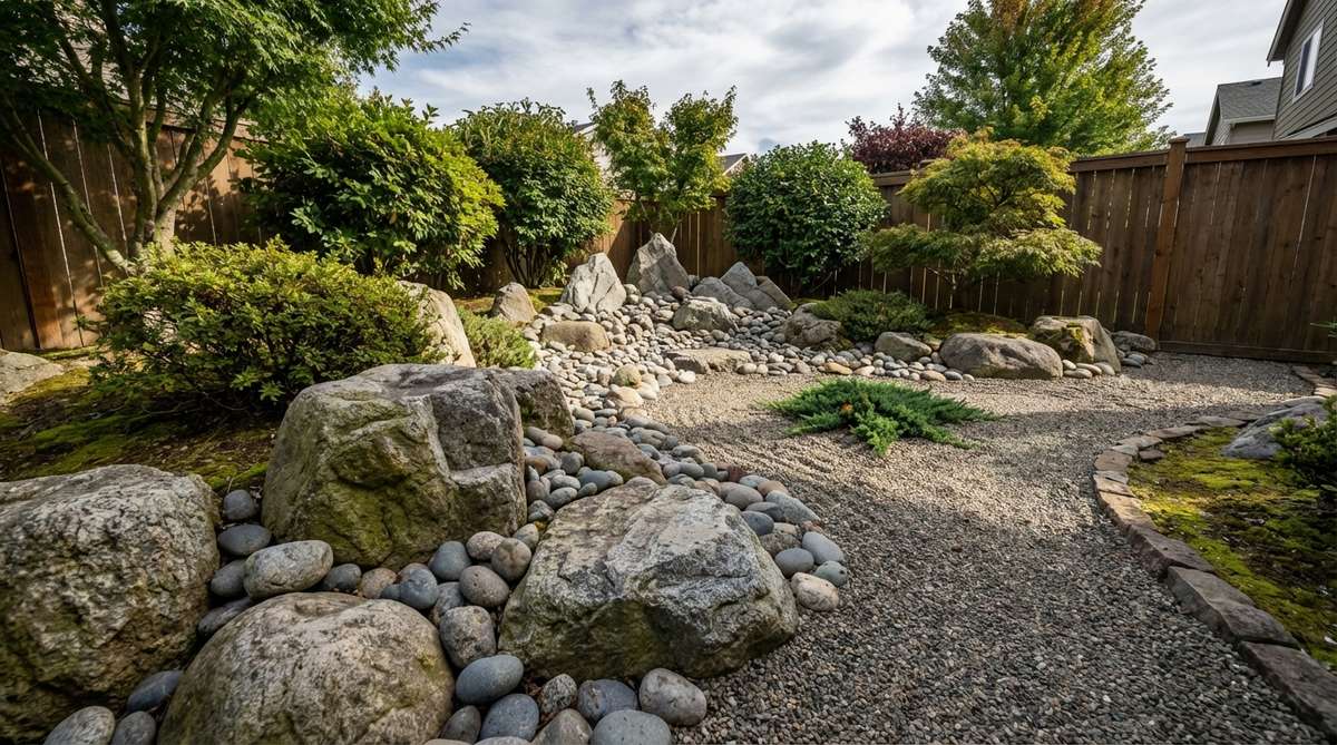 A compact composition of stones arranged in a corner of a Japanese Zen garden, graduating in size from large to small to suggest a receding mountain range, preserving central open space and applicable in both traditional and modern contexts.