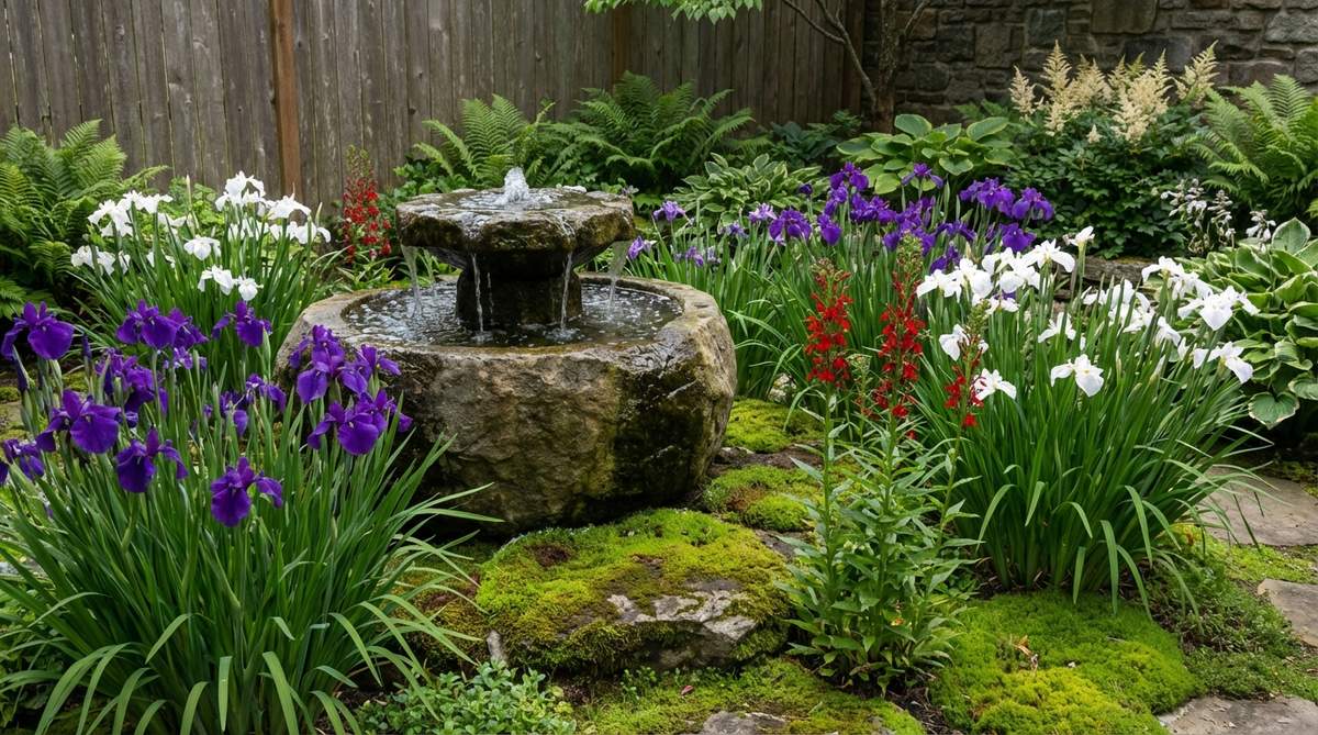 A self-contained fountain unit positioned slightly off-center in a garden corner, surrounded by moisture-loving plants like Japanese iris, cardinal flower, and mosses to mask urban noise and conceal mechanical components.