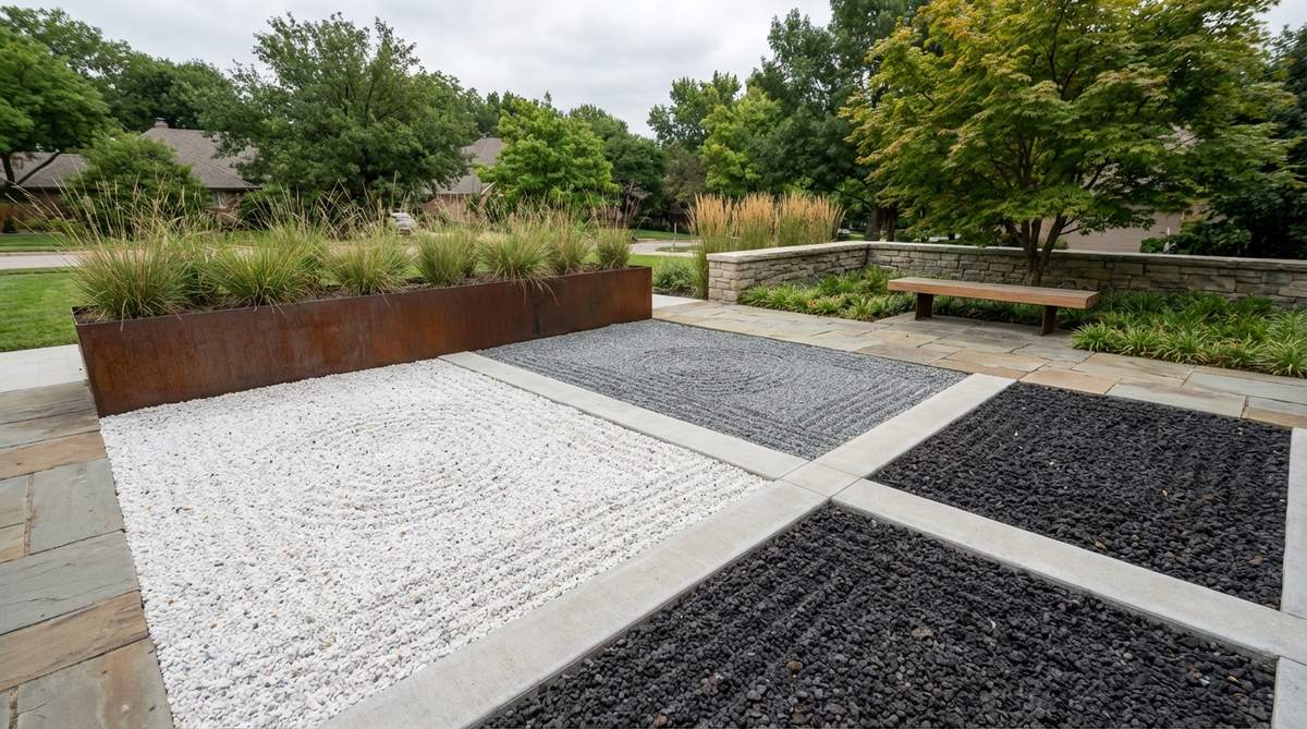 A modern Japanese rock garden featuring distinct zones of crushed granite in white quartz, gray stone, and black lava rock, with crisp architectural boundaries and 3/8-inch particle sizes for optimal rake pattern retention, referencing modernist painting while maintaining traditional karesansui structure and symbolism.