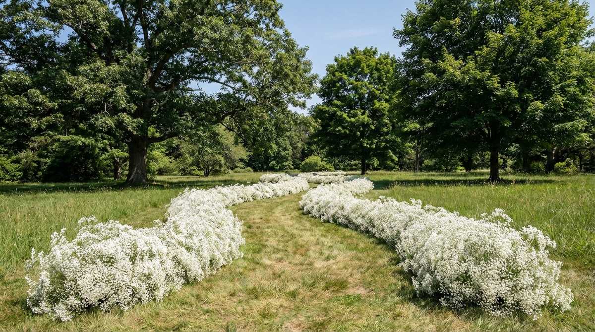 A curved outdoor wedding aisle lined with clusters of baby's breath flowers, creating an organic pathway through a natural landscape with mature trees and green grass. The white blooms provide visual contrast and guidance for the wedding processional.