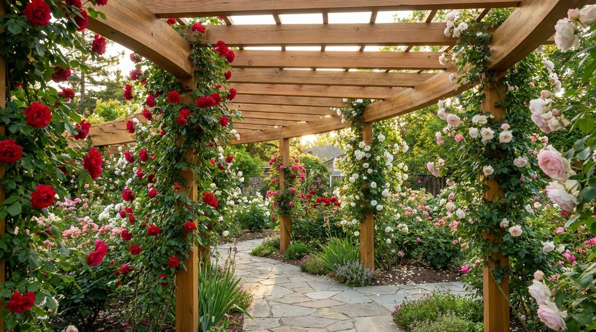 A gently curved pergola walkway winding through a rose garden, following natural landscape contours to create visual interest and mystery. The structure features custom-built sections with laminated beams supporting climbing roses along the curved spans.