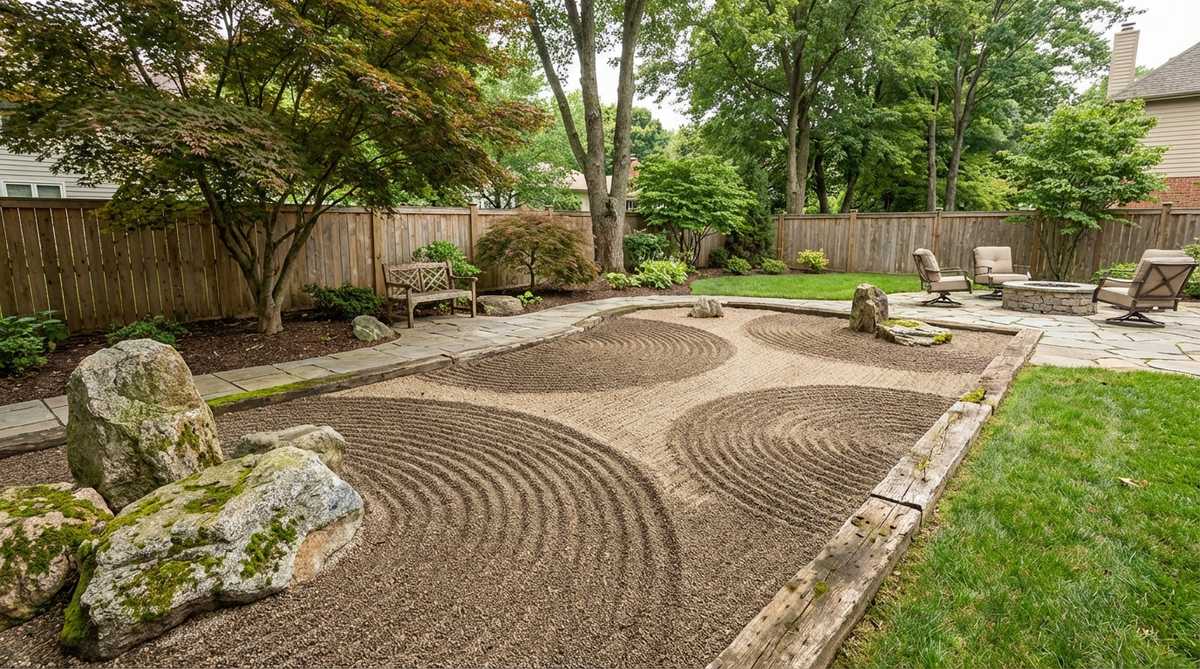A serene image of a Zen garden with broad, curved lines raked into the sand, depicting graceful arcs that suggest wind patterns, cloud movements, or gentle hillside contours, created through smooth, sweeping motions with a rake.
