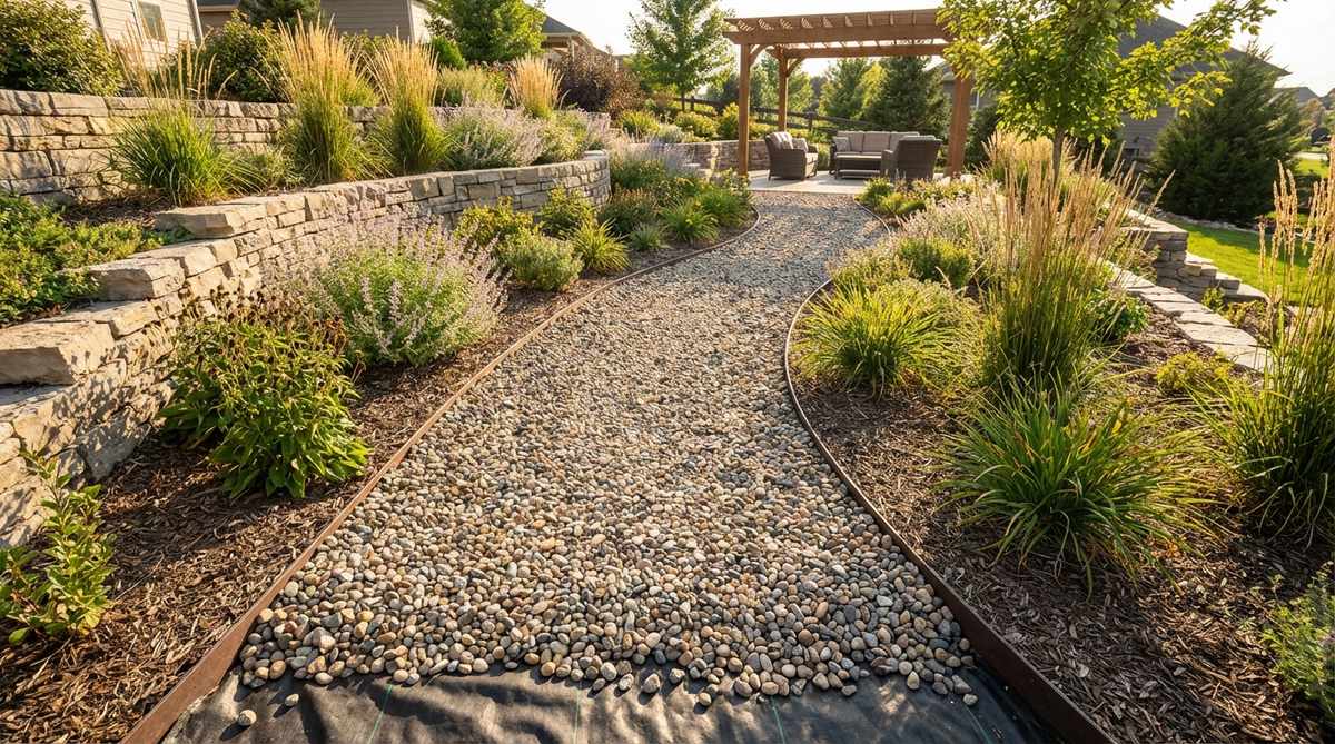 A decorative gravel bed pathway in a terrace garden, featuring crushed stone or pea gravel with metal or composite edging to prevent migration. The pathway includes landscape fabric beneath three inches of gravel for weed suppression, with rounded river stones for a bare-foot friendly surface or angular crush for better compaction, suitable for informal cottage garden styles. The image shows a well-maintained, level surface with visual texture, highlighting excellent drainage and cost-effective walking surfaces.