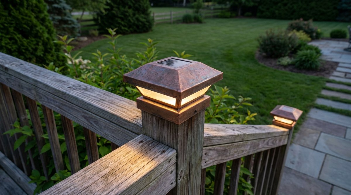 A decorative solar post cap installed on a fence or deck rail, emitting 350-degree ambient light for property boundary definition. Features copper or bronze finishes that develop a natural patina, designed to fit standard 4x4 or 6x6 posts securely and weatherproof.