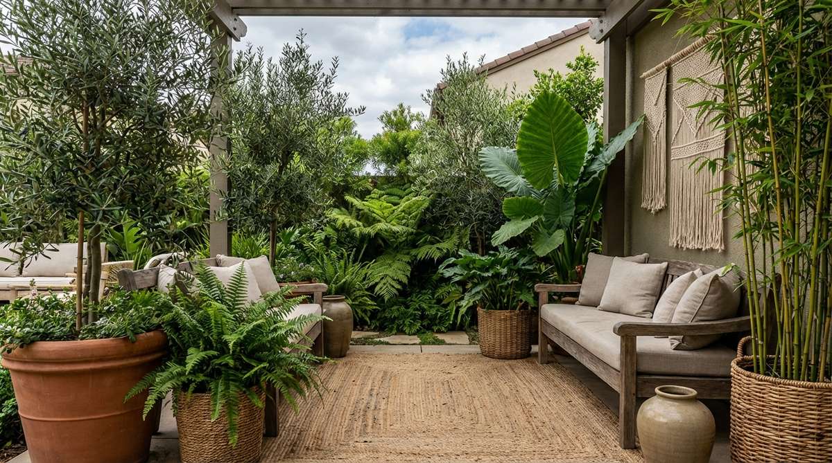 A lush arrangement of olive, sage, and forest green plants including ferns, elephant ears, and bamboo creating vertical layers for afro boho decor. The deep green foliage provides cool contrast to earth-tone palettes while connecting outdoor spaces to nature.
