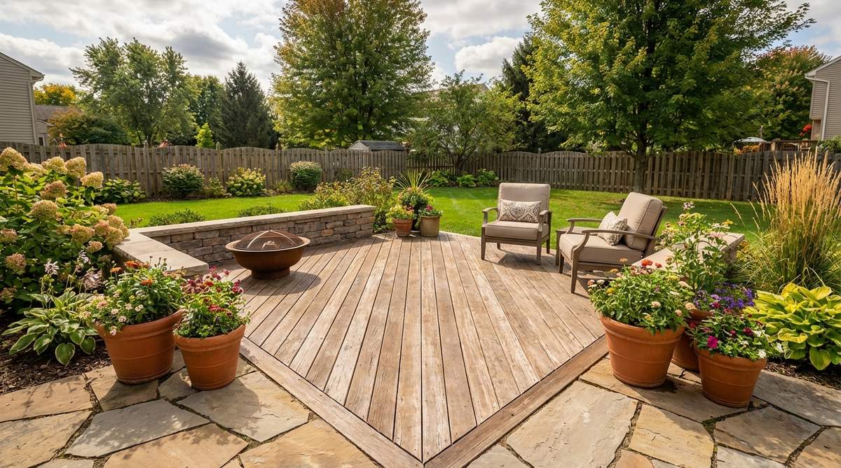 A small garden patio featuring a diagonal deck layout with paver-filled corners, showcasing how 45-degree deck boards visually expand the space while pavers provide stable zones for planters or fire features.