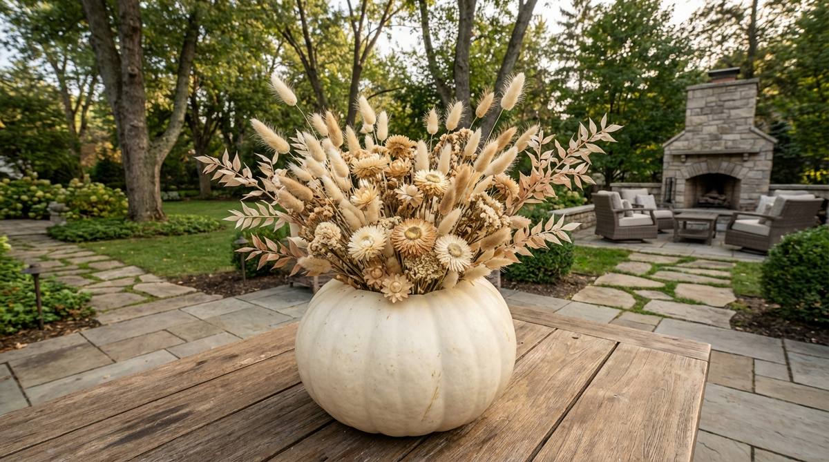 A boho Halloween decoration featuring a large white pumpkin hollowed out and filled with a dried flower arrangement. The centerpiece includes bunny tails, strawflowers, and bleached ruscus in cream and tan shades, arranged with stems extending naturally outward for a monochromatic, cohesive look. This living-meets-seasonal display combines garden interest with holiday decor in a subtle, sophisticated manner.