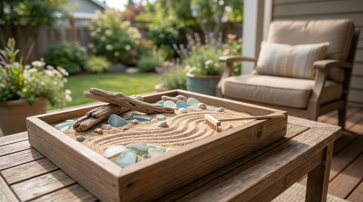 A serene mini zen garden featuring weathered driftwood on fine tan sand, with smooth beach glass fragments and tiny shells creating a coastal beach landscape. This desktop kit evokes calming seaside associations with neutral earth tones that complement wooden furniture, perfect for urban dwellers seeking beach environment connections.