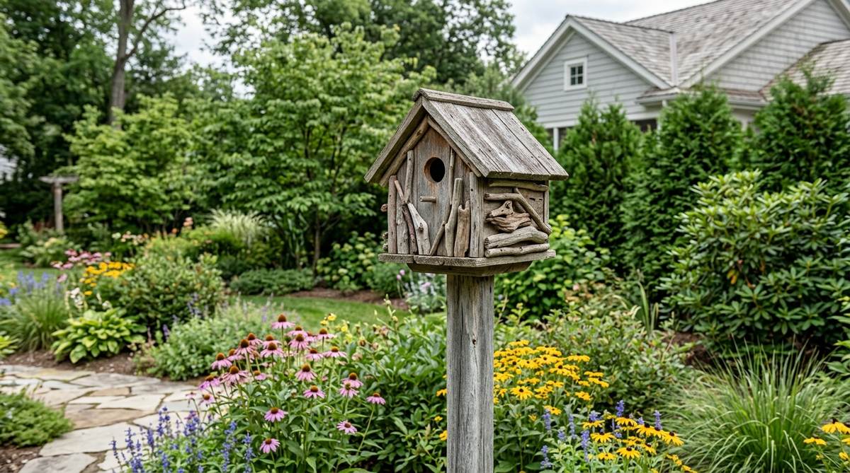 A rustic birdhouse made from cedar or pine, decorated with natural driftwood pieces as cladding, mounted on a pole or hanging from a tree branch in a garden setting, designed for cavity-nesting birds and featuring a weathered patina over time.